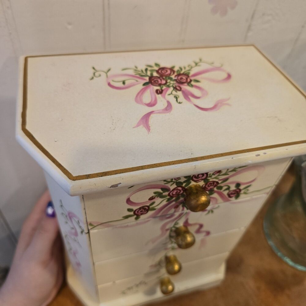 Vintage 4 Drawer Jewelry Box Roses & Ribbons Faux Wood Cottage Handpainted - Picture 4 of 10